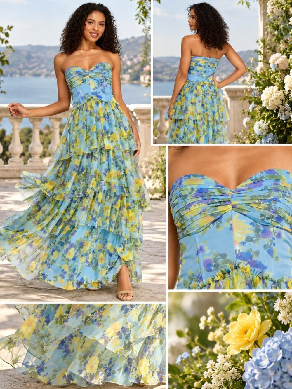 City Studios Floral Strapless Tiered Chiffon Maxi Gown Periwinkle Sage 9/10 NWT